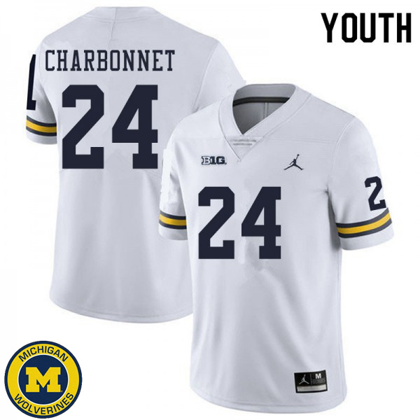 Youth University of Michigan #24 Zach Charbonnet White Official Game Jersey